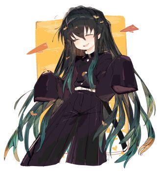 1boy black_hair black_jacket black_pants choppy_bangs closed_eyes commentary cropped_legs demon_slayer_uniform facing_viewer gradient_hair green_hair hair_between_eyes highres jacket kimetsu_no_yaiba long_hair long_sleeves male_focus multicolored_hair open_mouth pants sleeves_past_fingers sleeves_past_wrists solo tokitou_muichirou trap usa37107692