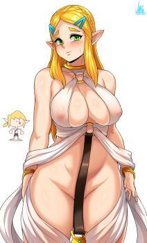 1boy 1girl blonde_hair blush bottomless breasts celestine_lucullus celestine_lucullus_(cosplay) cleavage collarbone cosplay covering_nipples covering_privates curvy embarrassed green_eyes hair_ornament hairclip highres jmg kuroinu_~kedakaki_seijo_wa_hakudaku_ni_somaru~ large_breasts link long_hair looking_at_viewer meme nintendo no_panties pointy_ears princess_zelda revealing_clothes see-through_clothes simple_background standing sweat the_legend_of_zelda the_legend_of_zelda:_breath_of_the_wild thick_thighs thighs white_background wide_hips