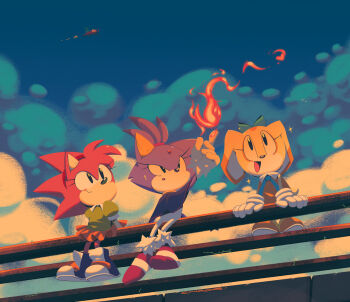 3girls amy_rose animal_ears black_eyes blaze_the_cat blue_bow blue_sky bow cat_ears cat_girl chaoslose classic_amy cloud cream_the_rabbit fire forehead_jewel furry furry_female gloves green_shirt hairband highres lop_rabbit_ears multiple_girls pink_fur pyrokinesis rabbit_ears rabbit_girl shirt sitting skirt sky sonic_(series) sonic_the_hedgehog tails_(sonic) tornado_(airplane)_(sonic) white_gloves