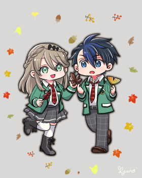 1boy 1girl aramis_high_school_uniform black_hair black_pants black_skirt blue_eyes blue_hair boots braid brown_hair chestnut chibi crown_braid double-parted_bangs eiyuu_densetsu elaine_auclair full_body green_eyes grey_background hair_between_eyes highres holding holding_leaf jacket kuro_no_kiseki_(series) leaf loafers long_hair long_sleeves maple_leaf mayu_(cocomayura) multicolored_hair necktie open_clothes open_jacket open_mouth over-kneehighs pants parted_bangs plaid_clothes plaid_necktie school_uniform shoes short_hair sidelocks simple_background skirt smile socks thighhighs two-tone_hair van_arkride white_socks