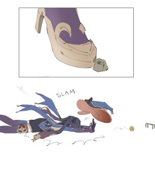 1girl arms_up black_bow black_gloves black_hair blue_cape blue_hat blue_leotard blue_sleeves blue_thighhighs bow cape coin crescent_ornament english_text face_down fur_collar genshin_impact gloves gold_coin gold_shoes gold_trim gradient_hat gradient_sleeves gradient_thighhighs hair_bow hat hat_bow high_heels highres jewelry leotard long_hair lying mona_(genshin_impact) mona_(pact_of_stars_and_moon)_(genshin_impact) mora_(genshin_impact) on_ground on_stomach outstretched_arms ponytail_holder purple_hair purple_sleeves purple_thighhighs red_hat shoes solo sound_effects star_ornament thighhighs thighlet tripping twintails two-sided_fabric two-sided_headwear unworn_hat unworn_headwear white_background witch_hat ysnden