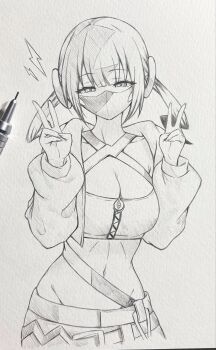 1girl art_tools_in_frame breasts canari_(pokemon) cleavage commentary_request crop_top double_v graphite_(medium) greyscale highres jacket large_breasts lightning_bolt_symbol looking_at_viewer low_twintails mask monochrome mouth_mask navel nintendo open_clothes open_jacket photo_(medium) pokemon pokemon_legends:_z-a seishun_dendeke solo traditional_media twintails v