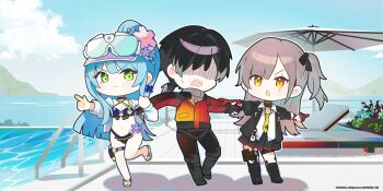 1boy 2girls absurdres artist_request bikini black_hair black_jacket black_skirt blue_hair brown_hair chair chibi chibi_only chinese_commentary commander_(girls'_frontline) copyright_notice girls'_frontline girls'_frontline_2:_exilium gloom_(expression) highres hk416_(girls'_frontline) jacket klukai_(girls'_frontline_2) leva_(girls'_frontline_2) lounge_chair multiple_girls necktie official_alternate_costume official_art ponytail pool poolside scar scar_across_eye scar_on_face second-party_source shirt skirt sweatdrop swimsuit umbrella ump45_(girls'_frontline) visor_cap white_jacket white_shirt yellow_necktie