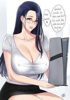 1girl blue_hair blush breasts brown_eyes cleavage commentary earrings english_commentary english_text game_console glasses highres jewelry large_breasts legs lipstick long_hair looking_at_viewer makeup mature_female nail_polish original playstation_5 shirt siblings sisters sitting skirt smile sony speech_bubble t-shirt video_game white_shirt xter