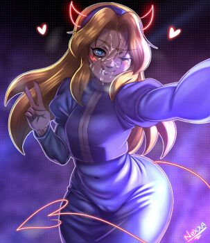 1girl absurdres artist_name blonde_hair blue_dress blue_eyes blue_hairband blush cameltoe cum cum_on_body curvy demon_horns demon_tail dotted_background dress facial hairband highres horns kyojiri_loli licking_lips long_hair maria_robotnik naughty_face navel navel_visible_through_clothes nexxa one_eye_closed selfie smile sonic_(series) sonic_adventure_2 tail tongue tongue_out v wide_hips