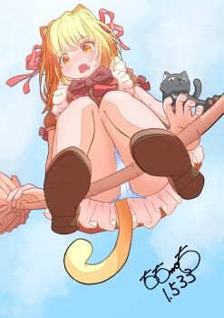 1girl absurdres animal animal_ear_fluff animal_ears artist_name black_cat blonde_hair blue_sky blush bow broom broom_riding brown_bow cat cat_ears cat_girl cat_tail dot_nose embarrassed frilled_panties frills from_below highres long_hair looking_at_viewer multicolored_hair nose_blush open_mouth orange_eyes original panties red_hair red_ribbon ribbon signature sky tail teeth totomoto underwear upper_teeth_only upskirt white_panties