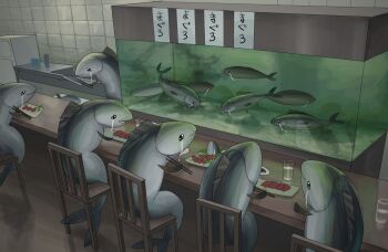 chair chopsticks crying cup cutting_board drinking_glass fins fish fish_head fish_tank food highres holding holding_knife indoors knife no_humans original restaurant smile streaming_tears surreal sushi tears tensen_(dotted_line) tile_wall tiles
