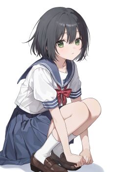 1girl aoi_saki_(senpai_wa_otokonoko) as4_s2 black_hair blue_sailor_collar blue_skirt blush breasts brown_shoes closed_mouth collarbone dot_nose female_focus flat_chest highres legs loli looking_at_viewer medium_hair miniskirt neckerchief pleated_skirt red_neckerchief sailor_collar school_uniform senpai_wa_otokonoko serafuku shoes short_sleeves simple_background sitting skirt small_breasts socks solo solo_focus thighs white_background white_serafuku white_socks