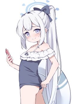 1girl absurdres adjusting_clothes adjusting_swimsuit ass blue_archive blue_bow blue_eyes blue_halo blush bow hair_bow halo highres holding holding_phone kyouwashi long_hair looking_at_viewer miyako_(blue_archive) miyako_(swimsuit)_(blue_archive) one-piece_swimsuit phone ponytail sidelocks smile solo swimsuit very_long_hair white_hair