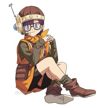 1girl antennae bike_shorts black_shorts blue_eyes blunt_bangs boots brown_boots chrono_trigger closed_mouth full_body glasses grey_shirt grey_socks headset helmet hosodayo long_sleeves looking_at_viewer lucca_ashtear neckerchief orange_neckerchief orange_tunic purple_hair shirt short_hair shorts simple_background smile socks solo tunic white_background