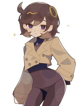 1girl absurdres black_bodysuit blush_stickers bodysuit bodysuit_under_clothes brown_hair brown_jacket closed_mouth commentary covered_navel cowboy_shot crop_top cropped_jacket emma_(pokemon) highres jacket long_sleeves looking_at_viewer nintendo okayu_(cwtv7823) pokemon pokemon_legends:_z-a purple_eyes short_hair simple_background solo sparkle white_background