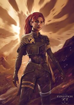 1girl brown_gloves brown_jacket brown_pants clair_obscur:_expedition_33 copyright_logo copyright_name fingerless_gloves gloves green_eyes highres illyne_cosplay jacket logo long_hair maelle_(clair_obscur:_expedition_33) orange_hair pants ponytail solo