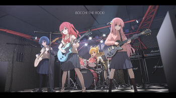 4girls absurdres bass_guitar black_socks blonde_hair blue_hair blue_skirt bocchi_the_rock! brown_sailor_collar brown_shirt choppy_bangs closed_mouth commentary_request concert copyright_name cube_hair_ornament drum drum_set electric_guitar fender_precision_bass gibson_les_paul gotoh_hitori grey_skirt guitar hair_ornament highres ijichi_nijika indoors instrument jacket kessoku_band kita_ikuyo kneehighs layered_sleeves letterboxed long_hair long_sidelocks long_sleeves luoxiaofei microphone microphone_stand multiple_girls music one_side_up pink_hair pink_jacket playing_guitar playing_instrument pleated_skirt red_hair sailor_collar school_uniform shimokitazawa_high_school_uniform shirt short_hair short_over_long_sleeves short_sleeves shuka_high_school_uniform side_ponytail sidelocks singing skirt socks stage stage_lights standing track_jacket undershirt white_socks yamada_ryo