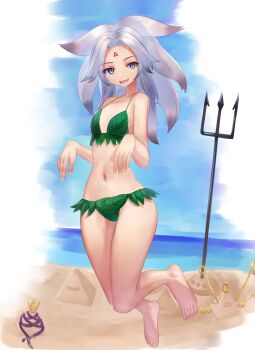 1girl absurdres barefoot bikini blue_eyes breasts cleavage commentary facial_mark full_body green_bikini grey_hair highres houjuu_chimi leaf_bikini looking_at_viewer medium_hair mikotouca navel open_mouth pyramid_(structure) sand_sculpture small_breasts solo swimsuit touhou variant_set