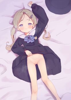1girl arm_up bed bed_sheet black_dress blue_bow blue_dress blue_hat blue_panties blush bottomless bow brown_hair clothes_lift collar collared_dress dot_nose dress dress_bow dress_lift feet_out_of_frame from_above hair_ornament hairclip half-closed_eyes hat highres indoors legs_apart lifting_own_clothes loli long_hair long_sleeves looking_at_viewer low_twintails lying medium_dress neck_ribbon no_panties on_back on_bed original panties parted_bangs plaid_bow plaid_ribbon purple_eyes pussy ren-da-min ribbon school_hat school_uniform skirt skirt_lift smile smug solo steam third-party_edit twintails uncensored underwear unworn_hat unworn_headwear white_collar