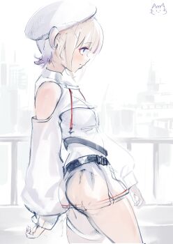 Rule 34 | 1girl, absurdres, ass, beret, blonde hair, clothing cutout, commentary request, dalcom, drawstring, from side, hat, highres, hololive, hololive dev is, leotard, leotard under clothes, long sleeves, miniskirt, official alternate costume, outdoors, purple eyes, purple streaks, see-through clothes, see-through skirt, short hair, shoulder cutout, shrug (clothing), skirt, solo, todoroki hajime, todoroki hajime (regloss uniform), two side up, virtual youtuber, white hat, white leotard, white shrug, white skirt