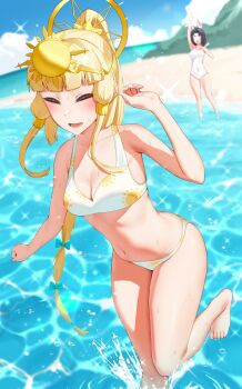 Rule 34 | 2girls, absurdres, alternate costume, bikini, black hair, blonde hair, commentary request, highres, kanata (rune factory), multiple girls, pointacid (po yin to), rin (rune factory), rune factory, rune factory: guardians of azuma, sun hair ornament, sun print, swimsuit, white bikini