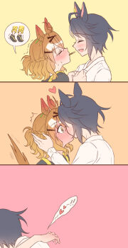 Rule 34 | 2girls, animal ears, black hair, blush, braid, brown hair, closed eyes, collared shirt, commentary, food, fuji kiseki (umamusume), half up braid, heart, highres, horse ears, horse girl, horse tail, jungle pocket (umamusume), kiss, medium hair, multiple girls, open mouth, pocky, pocky day, pocky kiss, shared food, shirt, short hair, smile, spoken heart, tail, tiptoes, trembling, umamusume, white shirt, yellow eyes, youngyangtang, yuri