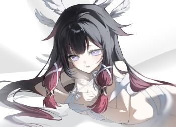 Rule 34 | 1girl, bandages, bare shoulders, black hair, columbina (genshin impact), feathered wings, genshin impact, hair ornament, hashtag-only commentary, head wings, highres, long hair, looking at viewer, lying, multicolored hair, naked bandage, navel, on stomach, own hands together, parted lips, purple eyes, purple hair, sellfishu, solo, white background, white wings, wings, x hair ornament