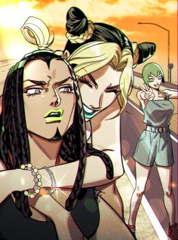 3girls artist_request black_hair blonde_hair blue_lips blue_overalls bracelet braid braided_ponytail breasts bun_with_braided_base commentary_request commission dark-skinned_female dark_skin double_bun dreadlocks ermes_costello foo_fighters_(jojo) forehead_tattoo green_hair green_lips hair_bun highres jewelry jojo_no_kimyou_na_bouken korean_commentary kuujou_jolyne lens_flare medium_breasts multicolored_hair multiple_bracelets multiple_girls overalls purple_eyes road second-party_source short_hair smile stone_ocean tattoo two-tone_hair v yellow_eyes