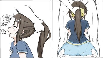 1boy 1girl absurdres blue_eyes blue_pants blue_shirt brown_hair clothed_female_nude_male fellatio grabbing_another&#039;s_hair hair_ribbon highres holding_another&#039;s_hair imminent_fellatio love_live! love_live!_nijigasaki_high_school_idol_club nude oral osaka_shizuku pants pantylines penis penis_on_face ponytail ribbon shirt shizuwonderland slapping_with_penis socks