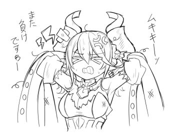 1girl anger_vein bandages breasts cleavage clenched_teeth closed_eyes commentary_request demon_horns detached_sleeves horns kanemitsu411 lineart lovely_labrynth_of_the_silver_castle solo teeth upper_body yu-gi-oh!