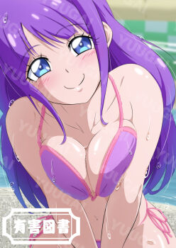 1girl bikini blue_eyes breasts cleavage fuchi_(nightmare) highres kaguya_madoka large_breasts precure purple_hair side-tie_bikini_bottom star_twinkle_precure swimsuit tagme wet