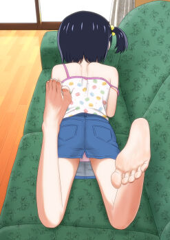 1girl asymmetrical_hair barefoot black_hair cherry_panties cherry_print couch denim denim_skirt feet female_focus floral_couch floral_print food_print foot_print fruit_print full_body highres loli lying macaron_print nagomi_(ogyadya) off_shoulder ogyadya on_couch on_stomach original panties pantyshot polka_dot polka_dot_shirt print_panties shirt side_ponytail skirt soles solo toes underwear white_panties white_shirt wooden_floor