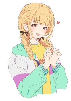 1girl aru_(purepur8) black_ribbon blonde_hair braid cropped_torso fang from_side fujita_kotone gakuen_idolmaster green_jacket hair_ornament hair_ribbon hair_tie hands_up heart highres hood hood_down hooded_jacket idolmaster index_fingers_together jacket light_blush long_hair long_sleeves looking_at_viewer loose_hair_strand low_twin_braids multicolored_jacket nervous open_mouth purple_jacket ribbon shirt sidelocks simple_background skin_fang solo swept_bangs t-shirt twin_braids twintails upper_body white_background white_jacket yellow_eyes yellow_shirt