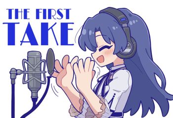 1girl blue_hair closed_eyes commentary dress fis_(t83192933) from_side hands_up happy headphones idolmaster idolmaster_(classic) kisaragi_chihaya long_hair microphone microphone_stand official_alternate_costume open_mouth profile simple_background solo studio_microphone the_first_take upper_body white_background white_dress you_and_i!_(idolmaster)