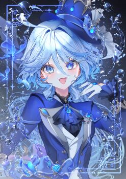 1girl :d absurdres ahoge ascot black_shirt blue_ascot blue_eyes blue_gemstone blue_hair blue_hat blue_jacket blush commentary_request drop-shaped_pupils furina_(genshin_impact) gem genshin_impact gloves hair_between_eyes hair_intakes hat heterochromia highres jacket long_hair long_sleeves looking_at_viewer mismatched_pupils open_mouth shell_new_ekaki shirt smile solo symbol-shaped_pupils top_hat upper_body very_long_hair vest white_gloves white_vest