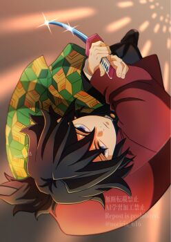 1boy black_hair black_jacket blue_eyes buttons closed_mouth demon_slayer_uniform gold_buttons hair_between_eyes haori high_collar highres holding holding_sword holding_weapon jacket japanese_clothes jumping katana kikkoumon kimetsu_no_yaiba looking_at_viewer low_ponytail male_focus noririn_616 ponytail print_haori red_haori solo spiked_hair sword tomioka_giyuu watermark weapon