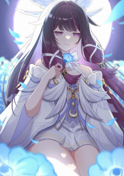 1girl absurdres bare_shoulders breasts colored_inner_hair columbina_(genshin_impact) commentary_request dress falling_petals full_body genshin_impact hair_wings highres long_hair mako_(cvyt5325) multicolored_hair night petals purple_eyes purple_hair small_breasts smile solo thighs two-tone_hair very_long_hair white_dress white_wings wings