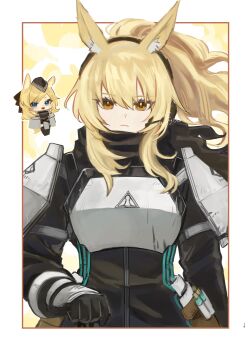 1girl animal_ears arknights armor black_gloves black_jacket blonde_hair blue_eyes border breastplate brown_eyes chibi chibi_inset closed_mouth commentary gloves hair_between_eyes headset highres jacket k-yosinori long_hair long_sleeves looking_at_viewer nearl_(arknights) nearl_the_radiant_knight_(arknights) shoulder_armor sidelocks solo whislash_(arknights) white_border