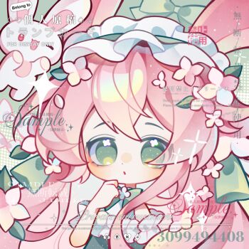 Rule 34 | 1girl, animal ears, artist name, blush stickers, bow, bowtie, chibi, detached sleeves, dress, english text, eyelashes, flower, frilled hairband, frilled sleeves, frills, green background, green bow, green bowtie, green eyes, hair bow, hair flower, hair ornament, hairband, highres, leaf, lolita hairband, long hair, looking at viewer, maguaxiaoxingqiu, open mouth, original, parted lips, pink flower, pink hair, puffy sleeves, rabbit, rabbit ears, sample watermark, shirt, short sleeves, sleeveless, solo, too many watermarks, upper body, watermark, weibo watermark, white flower, white shirt, white sleeves