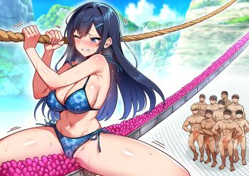 1girl 6+boys amamiya_chihiro bikini black_hair blue_bikini blue_eyes blush breasts cameltoe censored clenched_teeth crowd floral_print floral_print_bikini hair_ornament hairclip hechima_koubou highres large_breasts long_hair mesu_game_~tsukamareba_soku_nakadashi!_100_hyaku_oku-en_to_chijoku_o_kaketa_survival~ mosaic_censoring mountainous_horizon multiple_boys nature one_eye_closed outdoors penis print_bikini pussy_juice rope_walking running shiny_skin side-tie_bikini_bottom struggling sweat swimsuit tearing_up teeth waiting