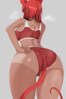 1girl adjusting_buruma adjusting_clothes alternate_costume animal_ears ass backboob black_hair breasts buruma commentary from_behind grey_background hakos_baelz highres hololive hololive_english large_breasts mouse_ears mouse_tail multicolored_hair red_buruma red_hair red_sports_bra sports_bra standing steam sweat tail tail_under_clothes tan tanline white_hair yobi_(ybpac18)