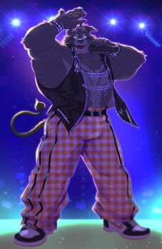 1boy absurdres amduscias_(housamo) baggy_pants bara black_shoes bracelet brooch bug butterfly commentary_request copyright_request demon_tail earrings furry furry_male green_eyes highres holding holding_microphone horns insect jewelry microphone muscular muscular_male music pants red_pants sequins shoes singing single_earring stage tail tokyo_houkago_summoners yakisoba_ohmori