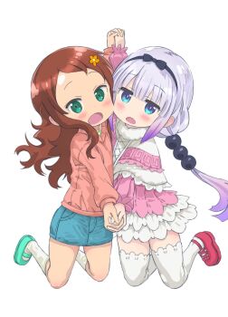 Rule 34 | 2girls, absurdres, beads, blue eyes, blue skirt, brown eyes, denim shirt, dress, green eyes, green footwear, grey hair, hair beads, hair ornament, highres, holding hands, kanna kamui, kobayashi-san chi no maidragon, long hair, low twintails, multiple girls, pink dress, pink sweater, saeki tatsuya, saikawa riko, skirt, socks, sphere hair ornament, sweater, thighhighs, twintails, white socks, white thighhighs
