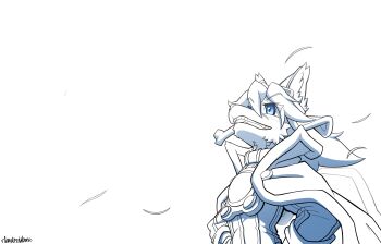 absurdres animal_ears aviator_cap blue_eyes bone bone_in_mouth capelet dog_boy dog_ears fur-trimmed_capelet fur_trim furry furry_male goggles goggles_on_head goggles_on_headwear grass hands_on_own_hips henstonvennic highres little_tail_bronx looking_up meme red_savarin signature sketch solatorobo trapper_hat upward_angle_frieren_drawing_(meme)