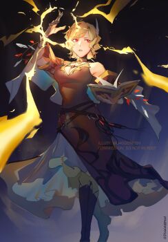 Rule 34 | 1girl, bare shoulders, blonde hair, book, breasts, brown dress, citrinne (fire emblem), cleavage, commission, d4ggerfish, dress, earrings, fire emblem, fire emblem engage, gold choker, gold trim, hair ornament, highres, holding, holding book, hoop earrings, jewelry, leather wrist straps, looking at viewer, medium breasts, mismatched earrings, nintendo, red eyes, solo, wing hair ornament
