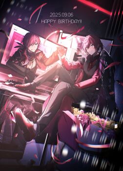 1boy black_gloves clenched_hand confetti dated fist_bump gloves hair_between_eyes happy_birthday highres jacket jacket_on_shoulders lauren_iroas lauren_iroas_(1st_costume) lauren_iroas_(4th_costume) long_hair looking_at_another male_focus multiple_views nijisanji om_(tyakonnpasu) ponytail red_hair red_shirt shirt side_ponytail sitting smile streamers vest virtual_youtuber waistcoat