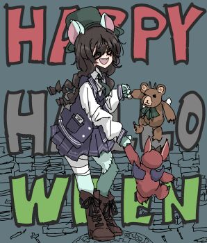 1girl animal_ears bandaged_leg bandages black_hair blue_jacket blue_skirt blush boots braid brown_boots cevio closed_eyes colored_skin commentary_request dancing ekaterina_(synthesizer_v) english_text facing_viewer full_body glasses green_hat green_necktie green_skin grey_background hanakuma_chifuyu happy_halloween hat highres holding holding_stuffed_toy jacket kemonomimi_mode lakiston long_hair long_sleeves low_twin_braids multicolored_skin necktie open_mouth pleated_skirt simple_background skirt smile solo sotobako_e stack standing stitches stuffed_animal stuffed_toy synthesizer_v teddy_bear text_background top_hat twin_braids