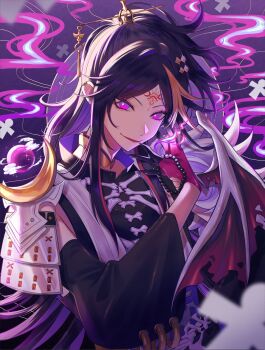 1boy absurdres armor bead_bracelet beads black_gloves black_hair black_shirt black_sleeves blonde_hair bracelet bright_pupils commentary demon_wings detached_sleeves english_commentary eyelashes eyeshadow facial_mark forehead_mark gloves glowing glowing_eyes hair_ornament hair_stick hand_up high_ponytail highres japanese_armor japanese_clothes jewelry long_hair looking_at_viewer makeup male_focus mochigome_(yum) multicolored_hair nijisanji nijisanji_en official_alternate_costume open_mouth parted_bangs pink_gloves pink_hair ponytail purple_background purple_eyes purple_hair red_eyeshadow shikigami shirt shoulder_armor shu_yamino shu_yamino_(2nd_costume) sidelocks single_wing sleeveless sleeveless_shirt smile sode solo streaked_hair two-tone_gloves upper_body very_long_hair virtual_youtuber white_pupils white_wings wide_sleeves wings yaminion_(shu_yamino)