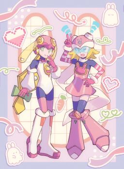 2girls blonde_hair blue-tinted_eyewear dress flat_chest full_body green_eyes harp_note_(mega_man) helmet highres leotard long_hair medium_hair mega_man_(series) mega_man_battle_network_(series) mega_man_star_force_(series) multiple_girls one_eye_closed pink_helmet pink_leotard red_dress red_helmet roll.exe_(mega_man) saku_kinou sonia_strumm_(mega_man) tinted_eyewear v