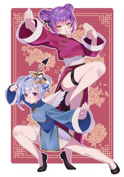 2girls :o alternate_costume amane_kanata black_shoes blue_hair blush chinese_clothes colored_inner_hair double_bun floral_background full_body green_eyes grey_hair hair_bun halo hashtag-only_commentary highres hololive long_sleeves looking_at_viewer martial_arts multicolored_hair multiple_girls nametakeko open_hands purple_eyes purple_hair shoes standing standing_on_one_leg star_halo thigh_strap tiptoes tokoyami_towa virtual_youtuber