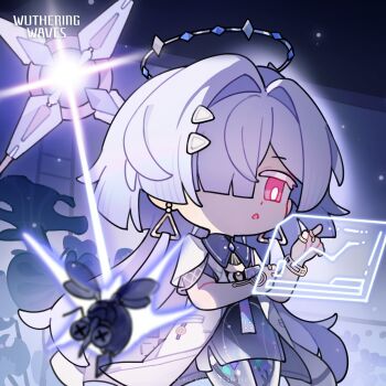 1girl arm_across_chest chibi chibi_only commentary dress earrings english_commentary english_text exoswam_(wuthering_waves) grey_hair hair_intakes hair_ornament halo highres holographic_interface jacket jewelry long_hair mornye_(wuthering_waves) official_art purple_dress see-through_body solo triangle_earrings white_jacket wuthering_waves