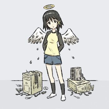 angel_wings arms_behind_back asymmetrical_hair black_legwear broken_computer cable computer cosplay creator_connection denim denim_skirt expressionless feathers haibane_renmei hair_ornament halo iwakura_lain long_sleeves nakahara_misaki nakahara_misaki_(cosplay) nhk_ni_youkoso! serial_experiments_lain skirt solo tools traditional_halo truffleduster white_footwear wings wire x_hair_ornament