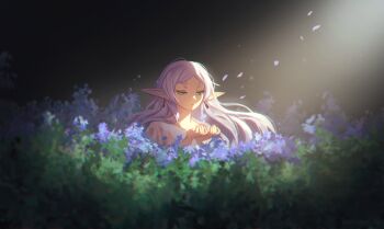 Rule 34 | 1girl, absurdres, artist name, blue flower, blue petals, commentary, dress, earrings, elf, english commentary, falling petals, field, flower, flower field, forget-me-not (flower), frieren, green eyes, grey hair, half-closed eyes, highres, jewelry, meadow, milgtea, parted bangs, petals, pointy ears, solo, sousou no frieren, thick eyebrows, upper body, white dress