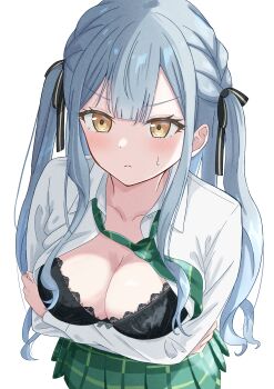 1girl absurdres azakura_(beniyomogi) bang_dream! bang_dream!_it's_mygo!!!!! black_ribbon blue_hair breasts cleavage closed_mouth collared_shirt commentary_request dress_shirt green_necktie green_skirt hair_ribbon haneoka_school_uniform highres large_breasts long_hair long_sleeves looking_at_viewer necktie open_clothes open_shirt plaid_clothes plaid_skirt pleated_skirt ribbon school_uniform shirt sidelocks simple_background skirt solo togawa_sakiko two_side_up white_background white_shirt yellow_eyes